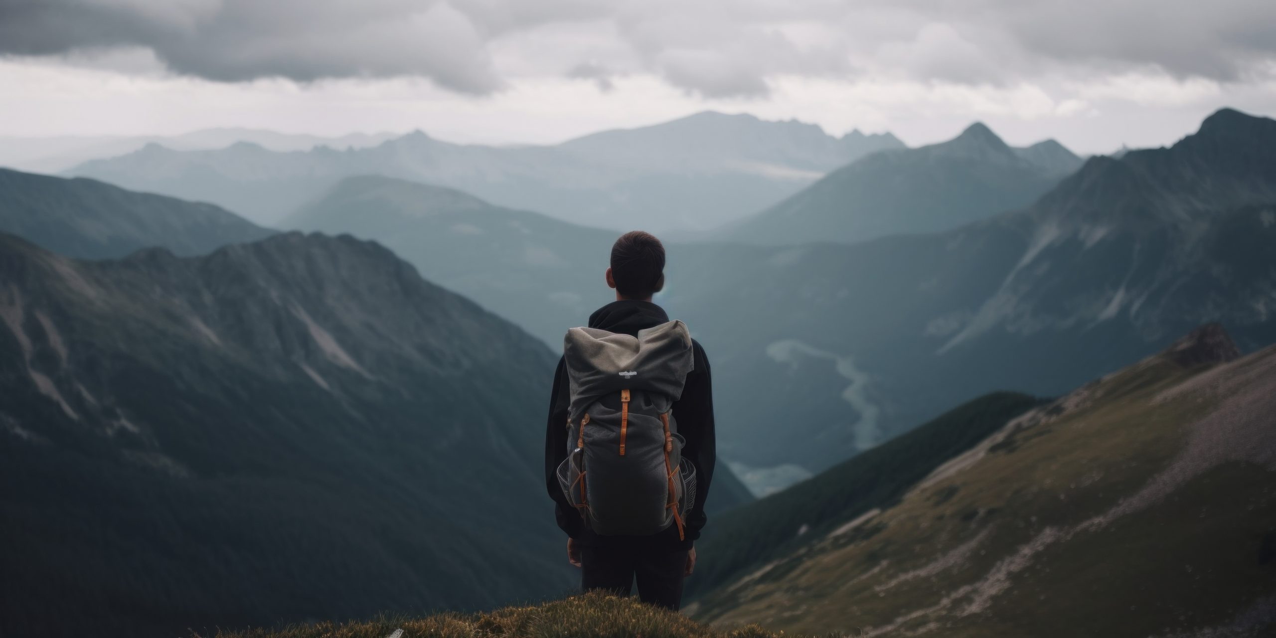 A man with a backpack conquering a mountain peak, boosting confidence.