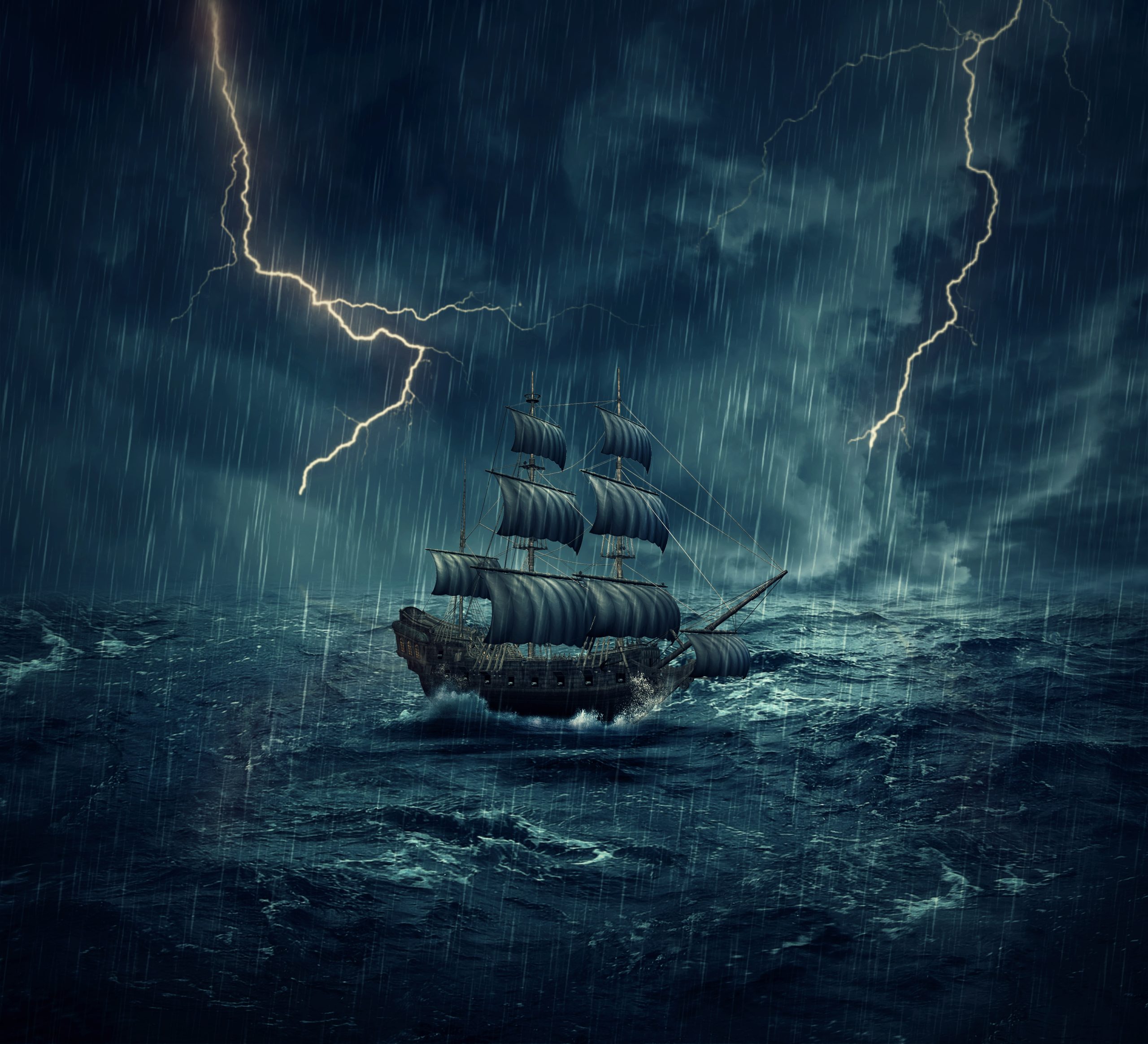 A ship seeking shelter in the stormy ocean, finding Jesus.